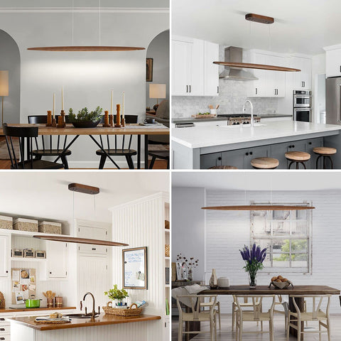 YISDESIGN walnut wood linear pendant above kitchen island with even lighting