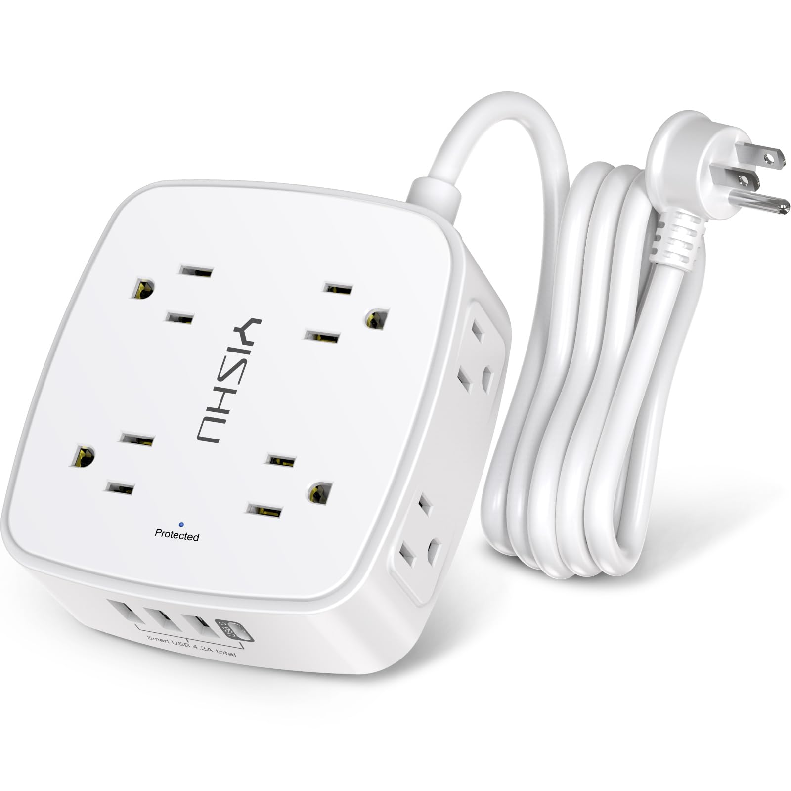 YISHU 6ft surge protector front view with 8 outlets and USB ports for versatile charging.