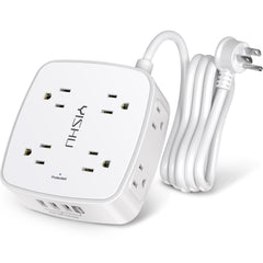 YISHU 6ft surge protector front view with 8 outlets and USB ports for versatile charging.