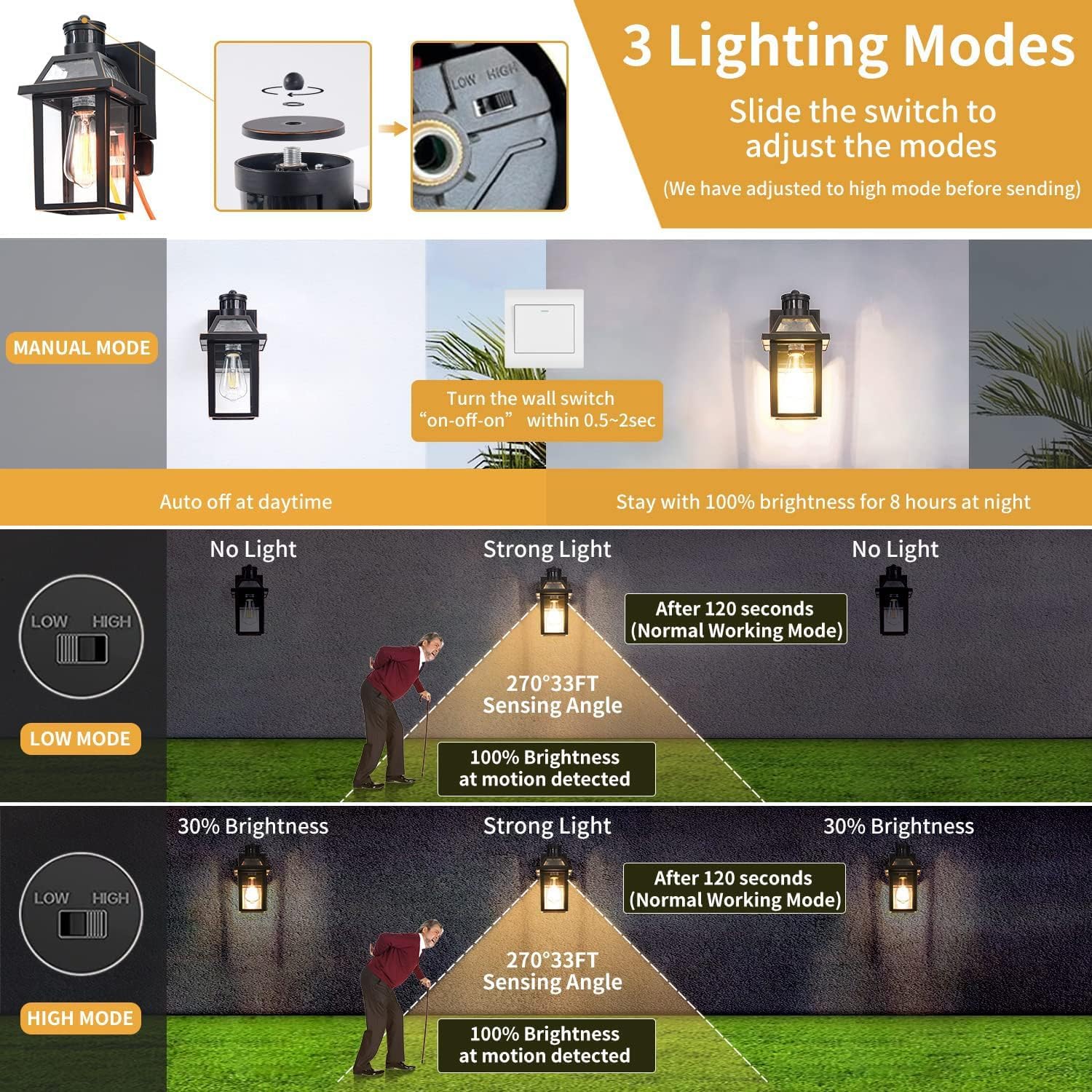 Yisuro outdoor light with three modes for auto or manual lighting control.
