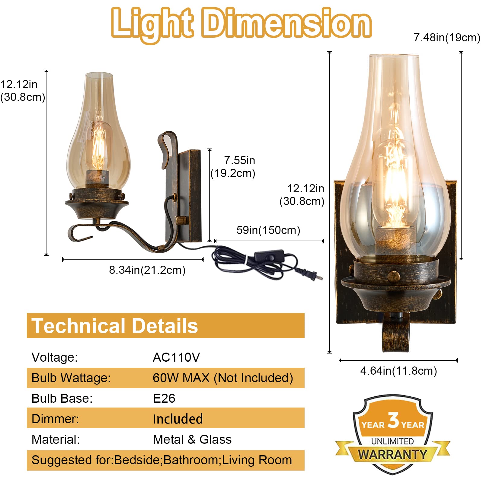 Yisuro plug-in wall sconce with amber glass for quick setup and use