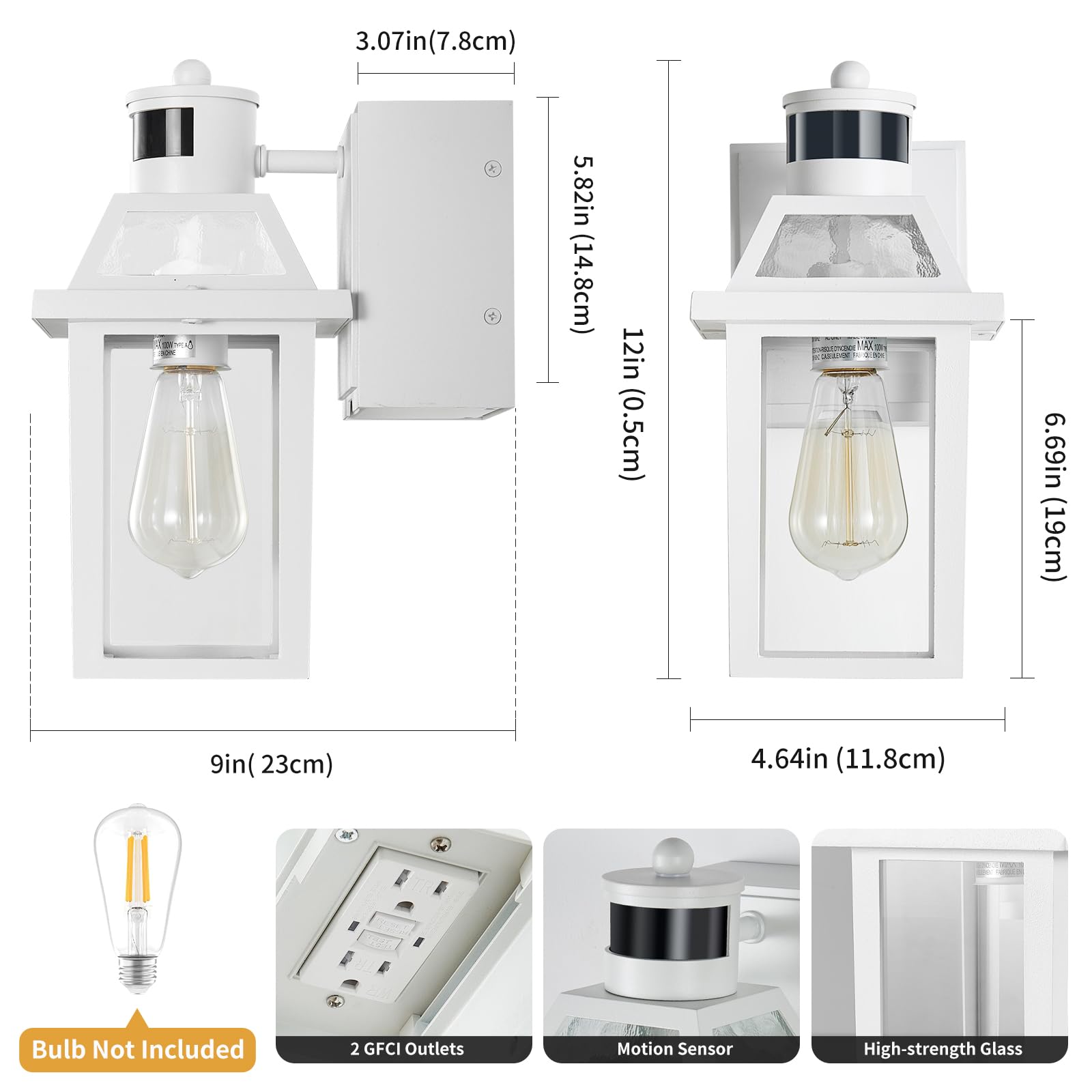 Bulb-accessible fixture with GFCI outlets and rain protection.
