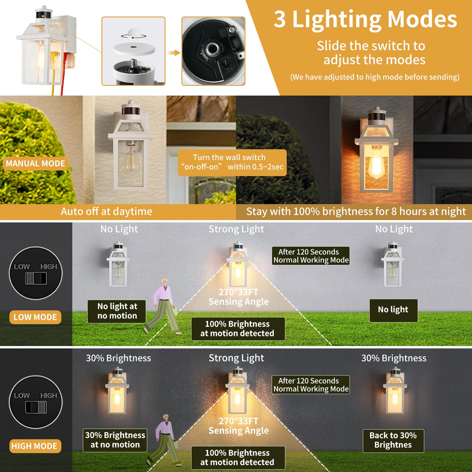 Three modes porch light: high, low, manual for flexible lighting.