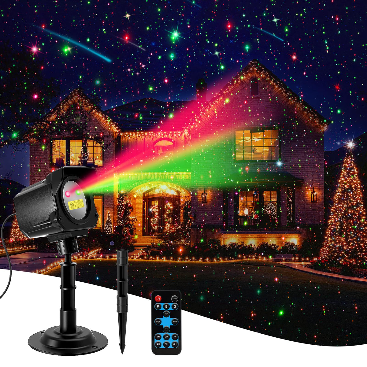 Yivsen Christmas projector light with metal housing projects vivid red and green laser patterns for outdoor holiday decor.