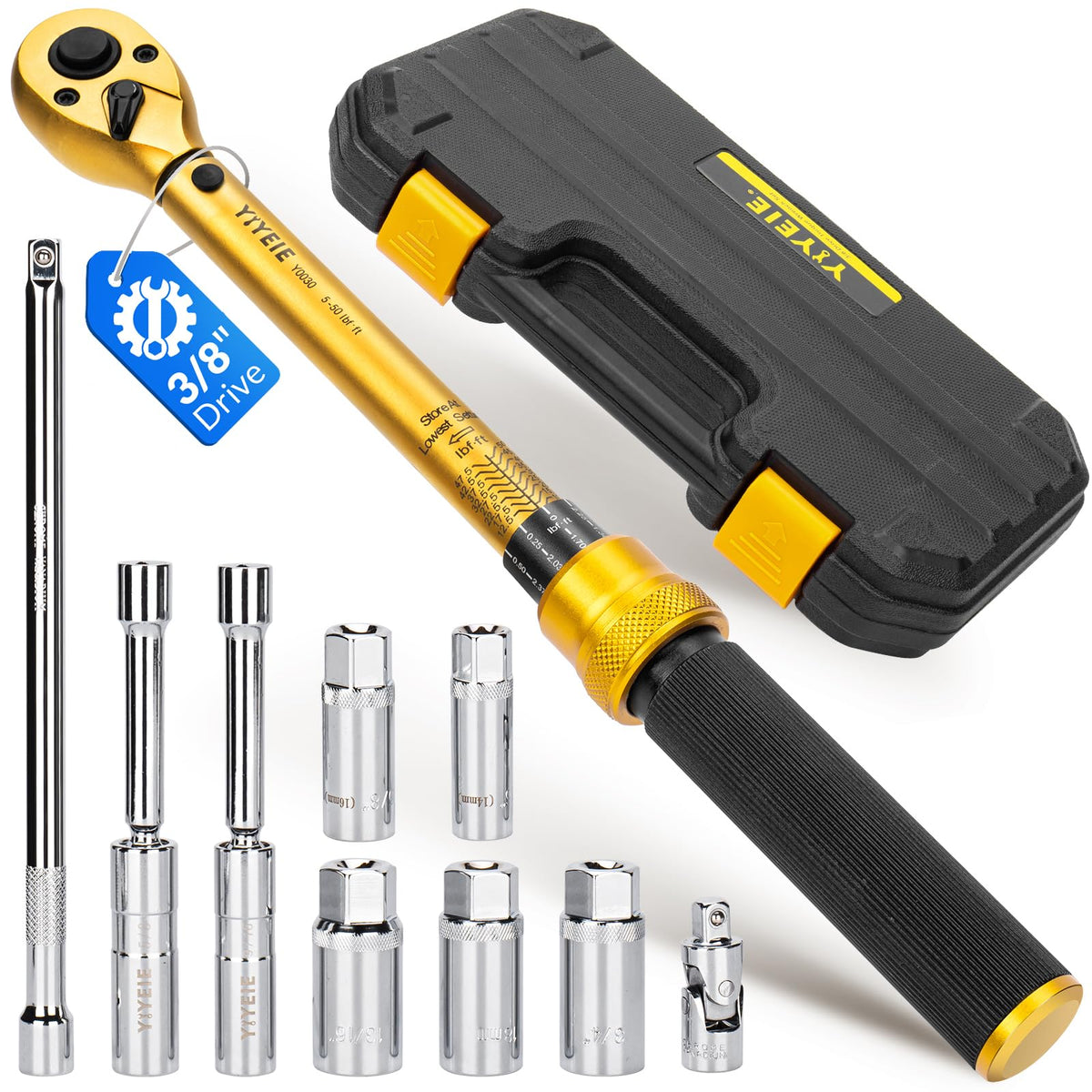 YIYEIE magnetic spark plug socket set with torque wrench for precise torque in tight spaces.