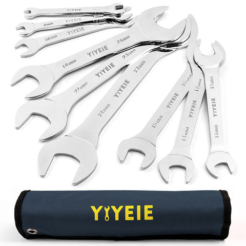 YIYEIE 9Pcs ultra-slim open-end wrenches with roll-up pouch for easy transport.