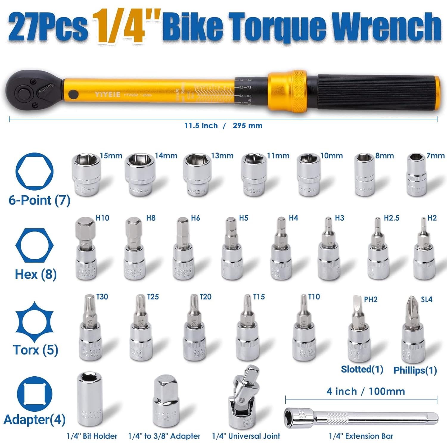 YIYEIE bit sockets set includes hex, torx, and 6-point bits.