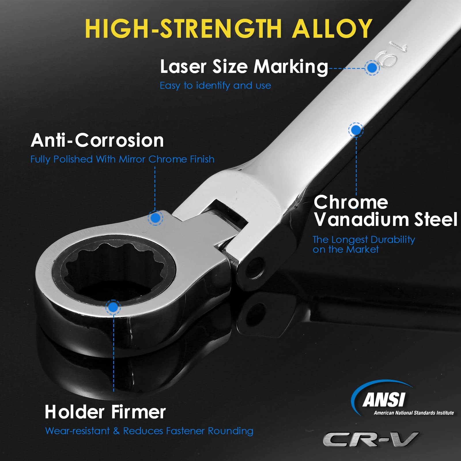 YIYEIE chrome vanadium steel wrenches with durable, corrosion-resistant finish.