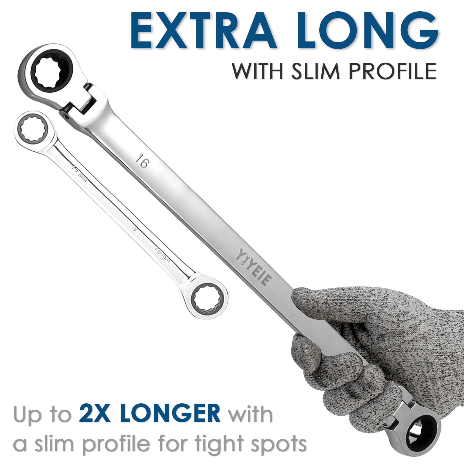 YIYEIE double-ended 72-tooth ratcheting wrench enabling precise 5-degree swing.