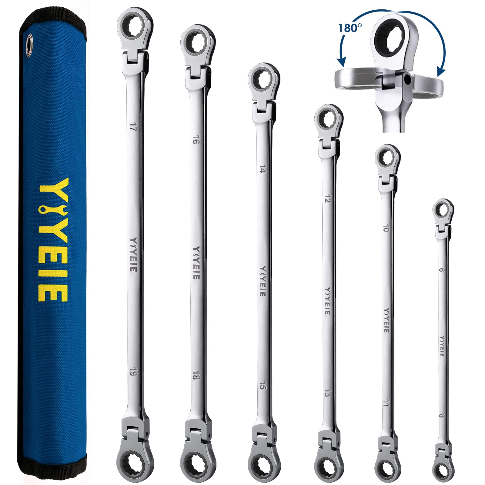 YIYEIE extra-long flex head wrench set with rotating head for hard-to-reach bolts.