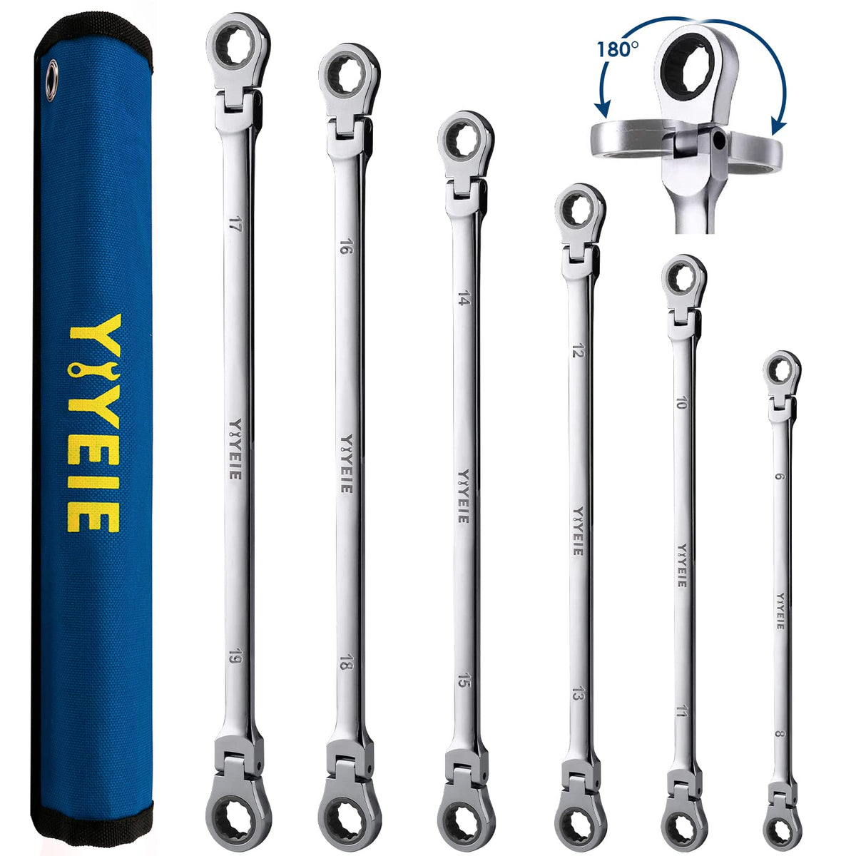 YIYEIE extra-long flex head wrench set with rotating head for hard-to-reach bolts.