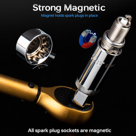 YIYEIE 14mm magnetic socket secures plugs during removal in confined spaces.
