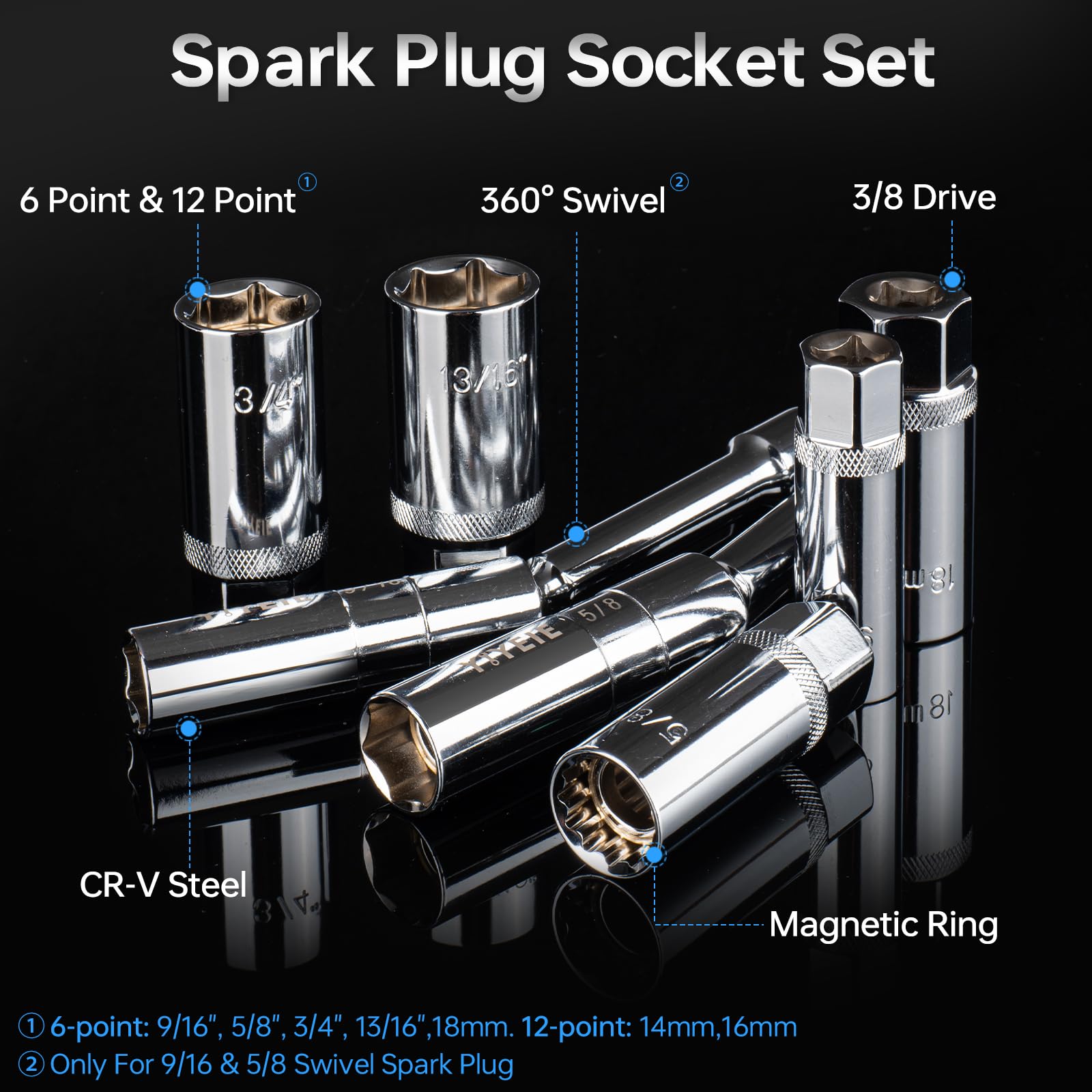 YIYEIE 5/8in swivel socket reaches deep plugs easily.