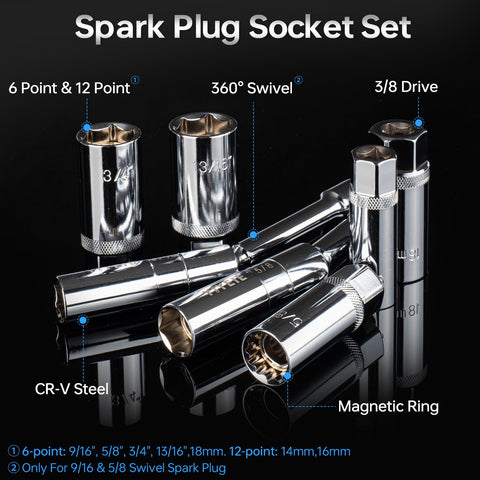 YIYEIE 5/8in swivel socket reaches deep plugs easily.