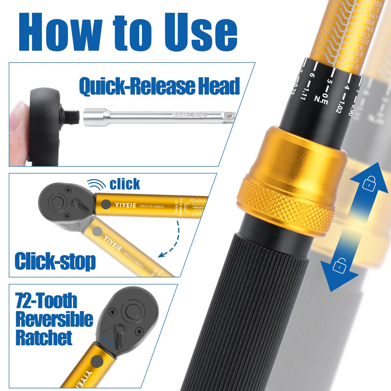 YIYEIE 72-tooth ratchet head enables smooth dual-direction work