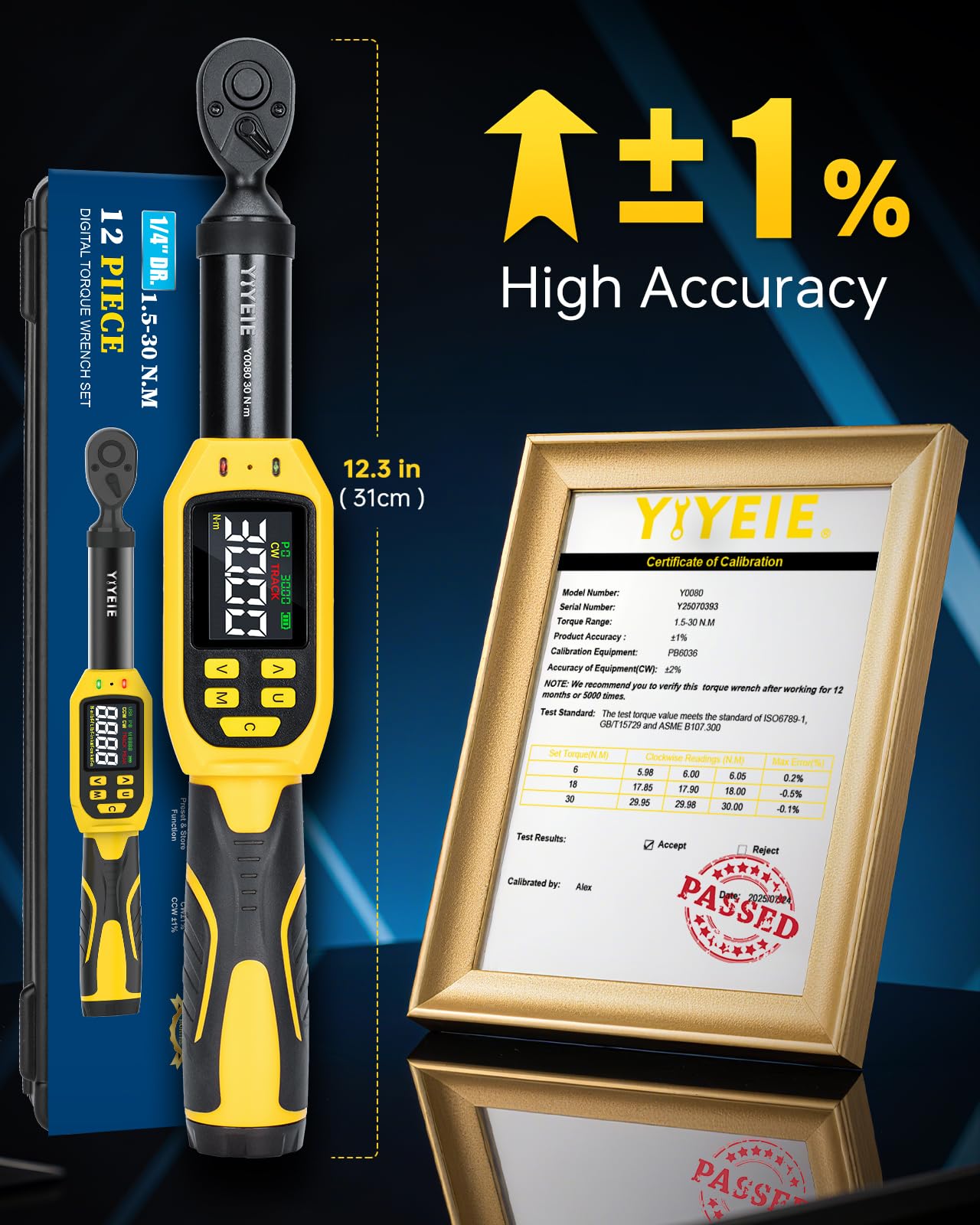 YIYEIE digital torque wrench LCD display view with clear measurements for quick adjustments