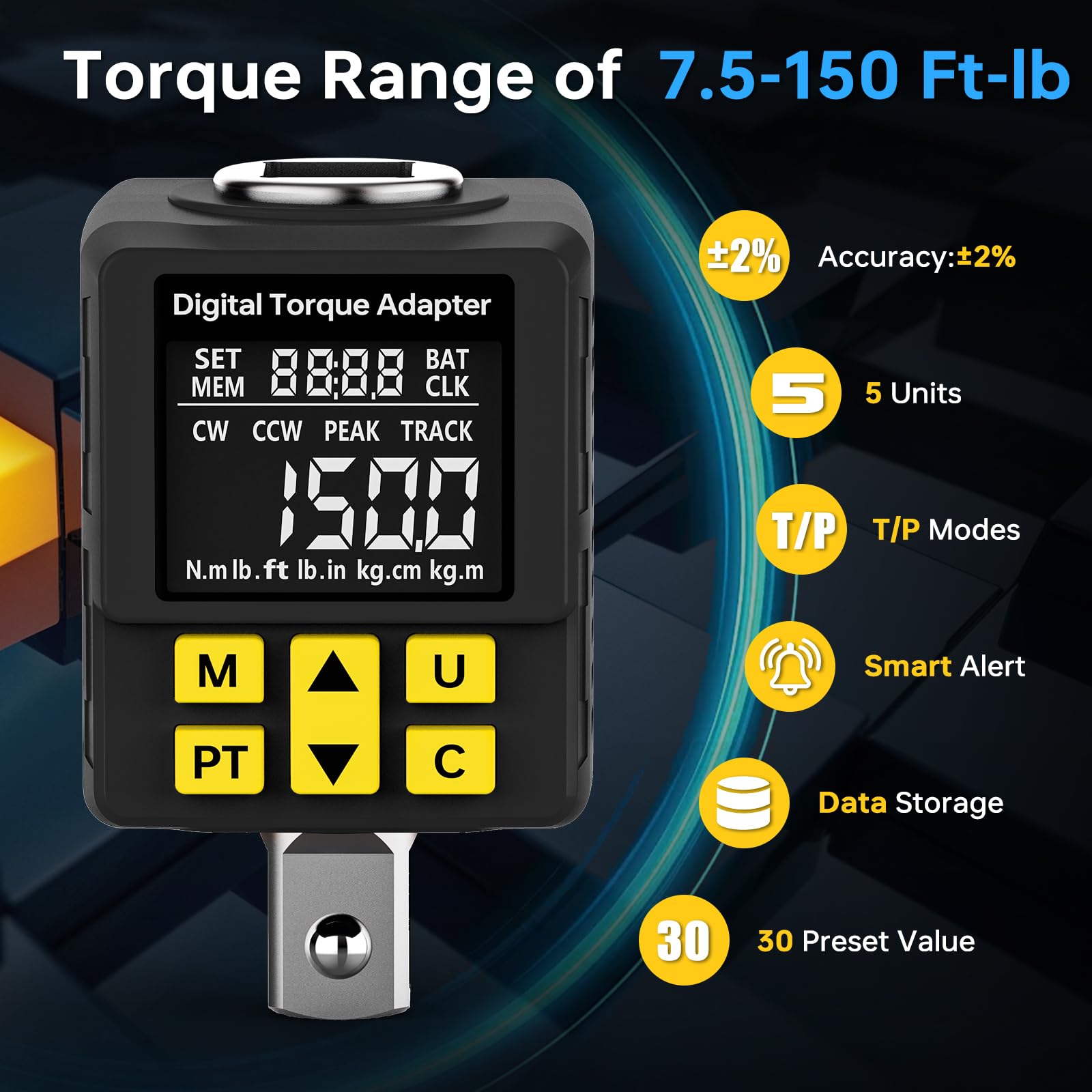 YIYEIE digital torque adapter alerts reviewers with color changes as targets are met.