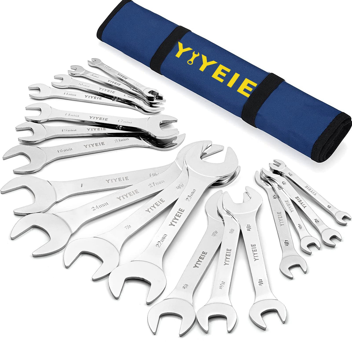 YIYEIE 18-piece ultra-slim open end wrenches on a roll pouch, ideal for tight spaces.