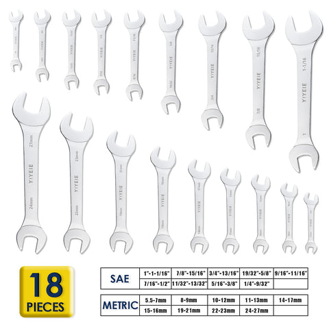YIYEIE metric and SAE range 5.5–27 mm, quick-fit for bike and car repairs.