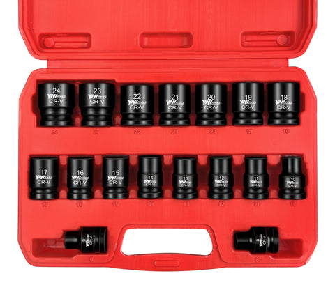 YIYITOOLS 17Pcs half inch shallow sockets cover 8–24 mm for automotive tasks.