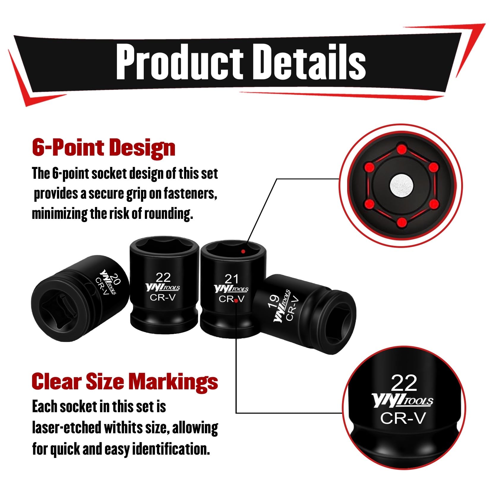 YIYITOOLS 6-point design sockets provide a secure grip on fasteners.