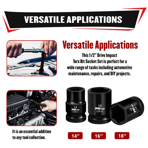 YIYITOOLS half-inch set supports automotive maintenance and DIY tasks.