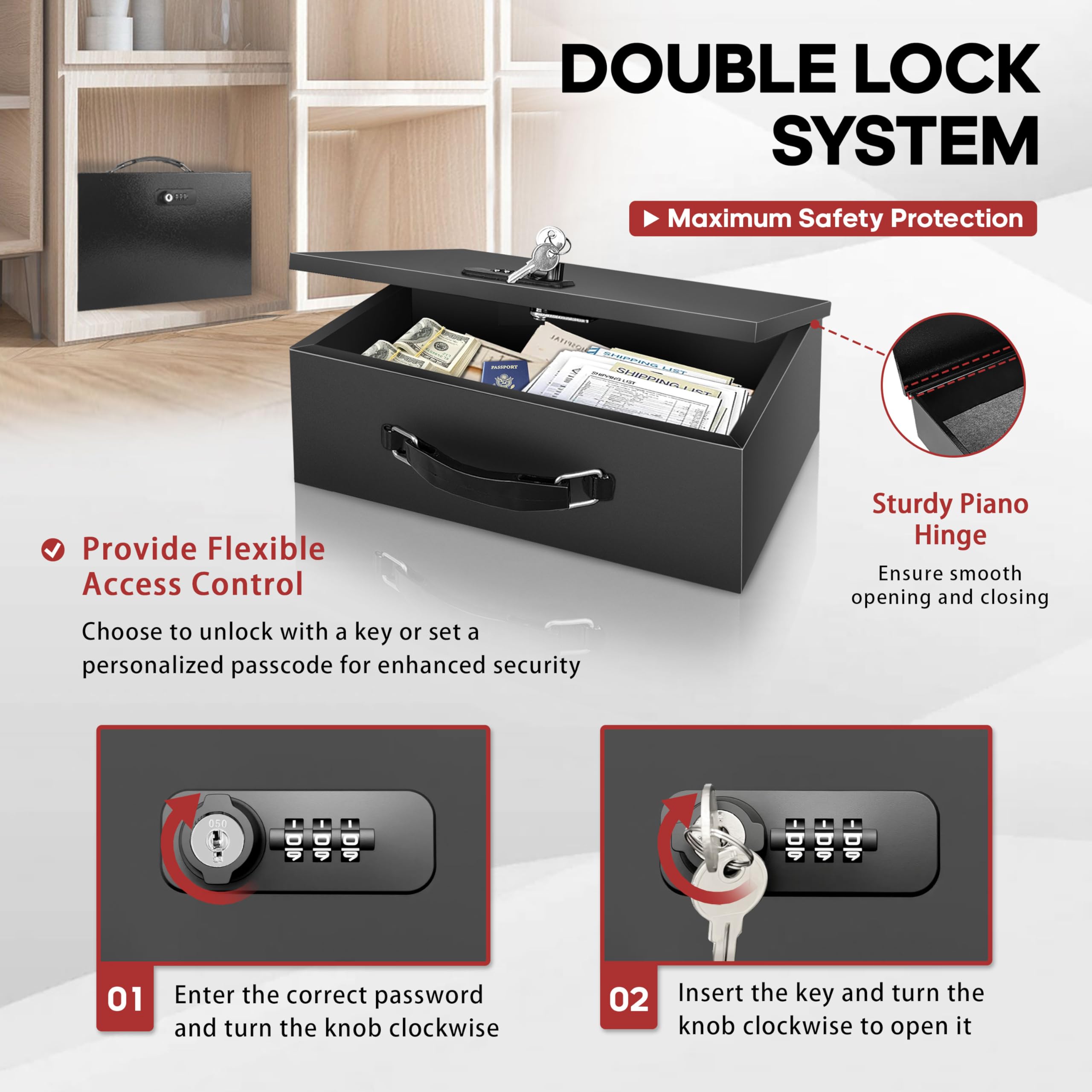 YIYITOOLS fireproof lock box interior fits passports, cash, and jewelry
