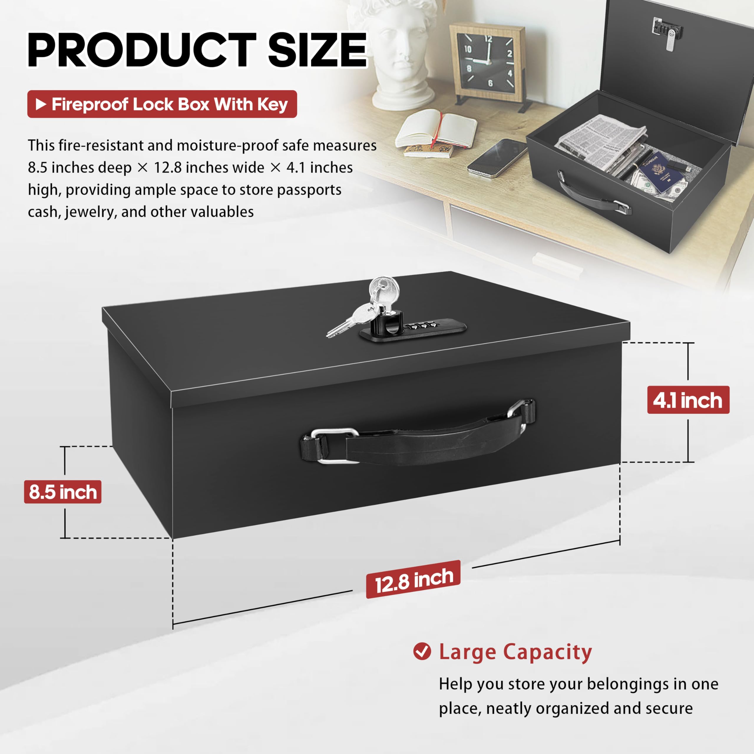 YIYITOOLS fireproof lock box portable design ideal for home, office, travel