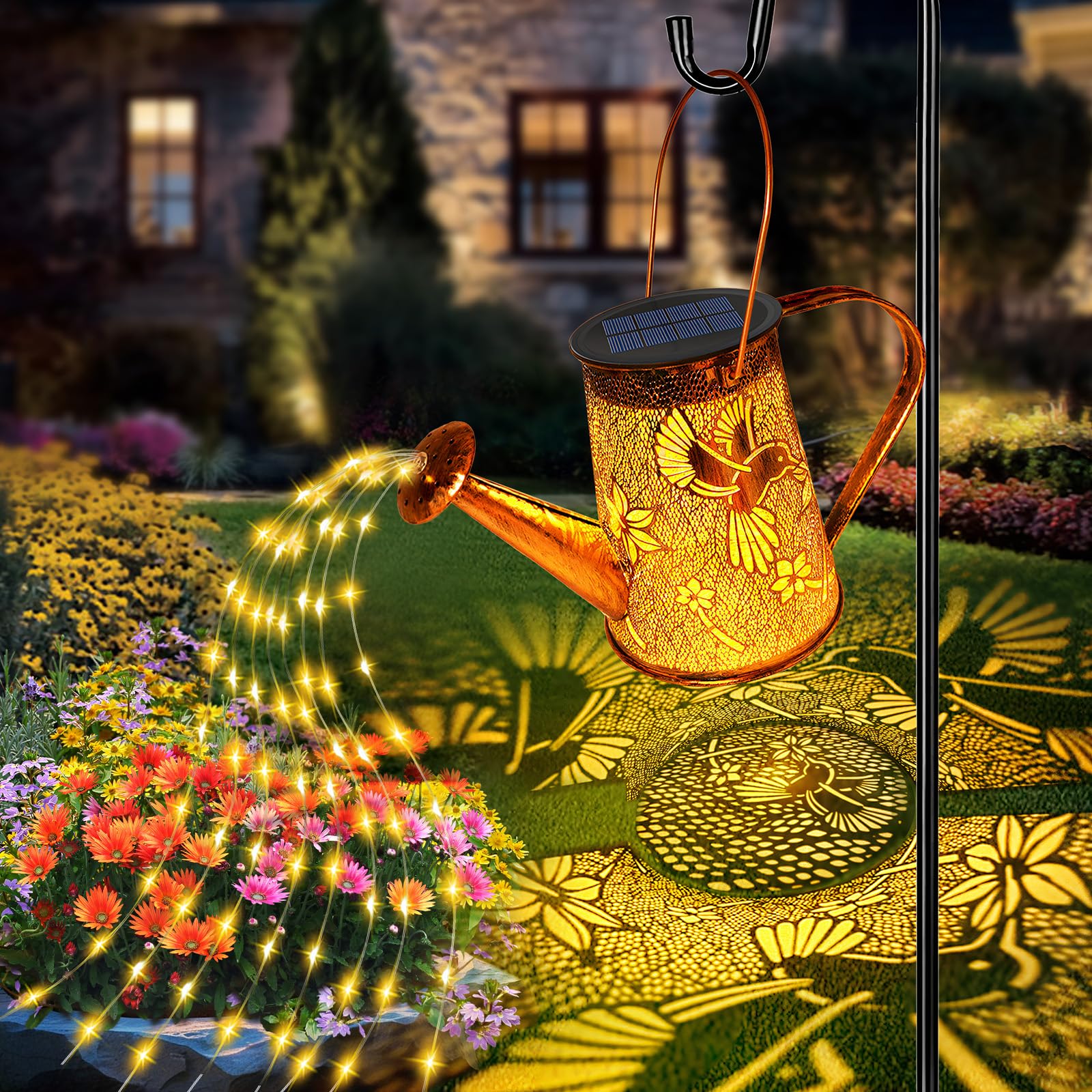 YJFWAL Solar Watering Can Lights illuminate outdoor patio with starry glow.