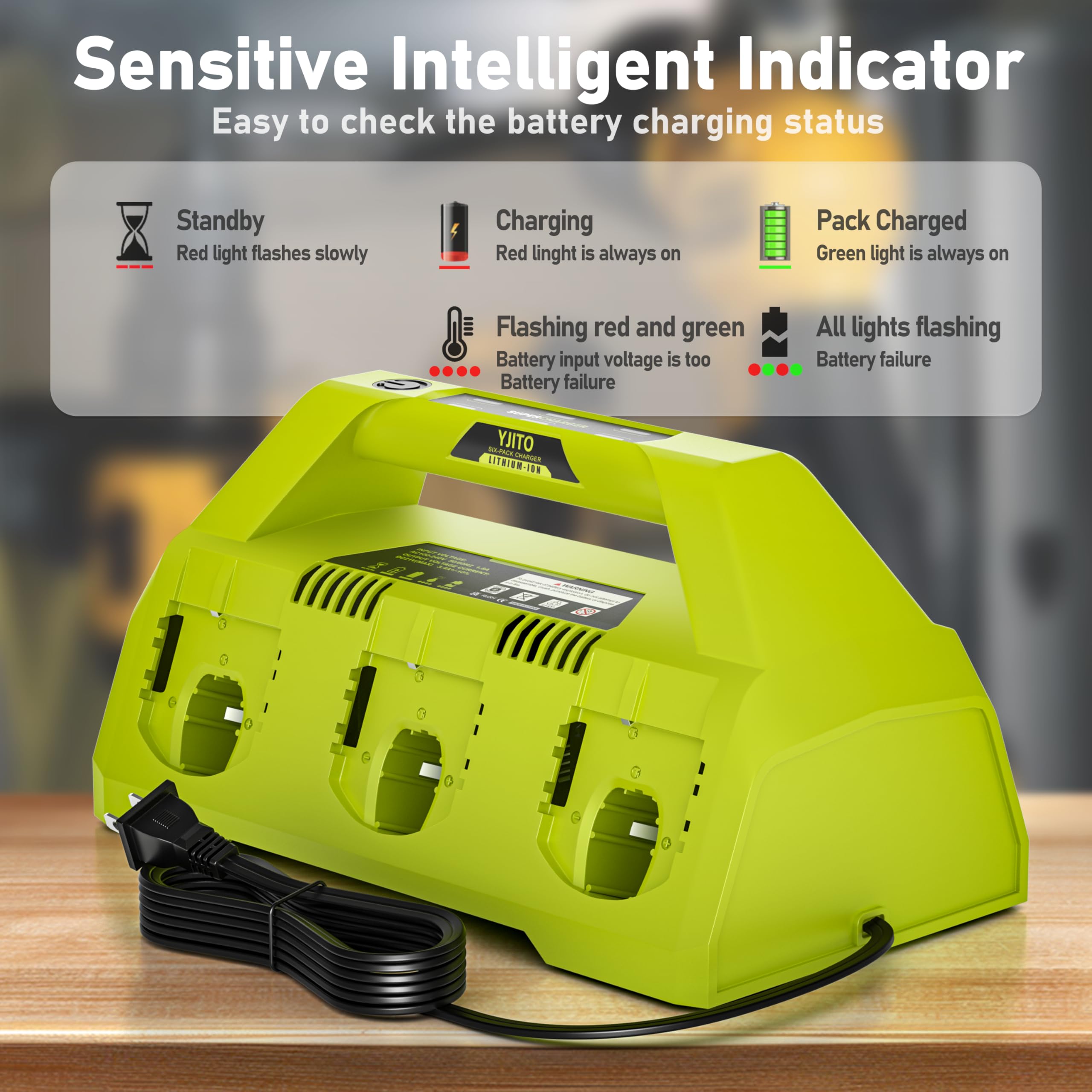 YJITO 6-port charger back panel with indicators and ports.