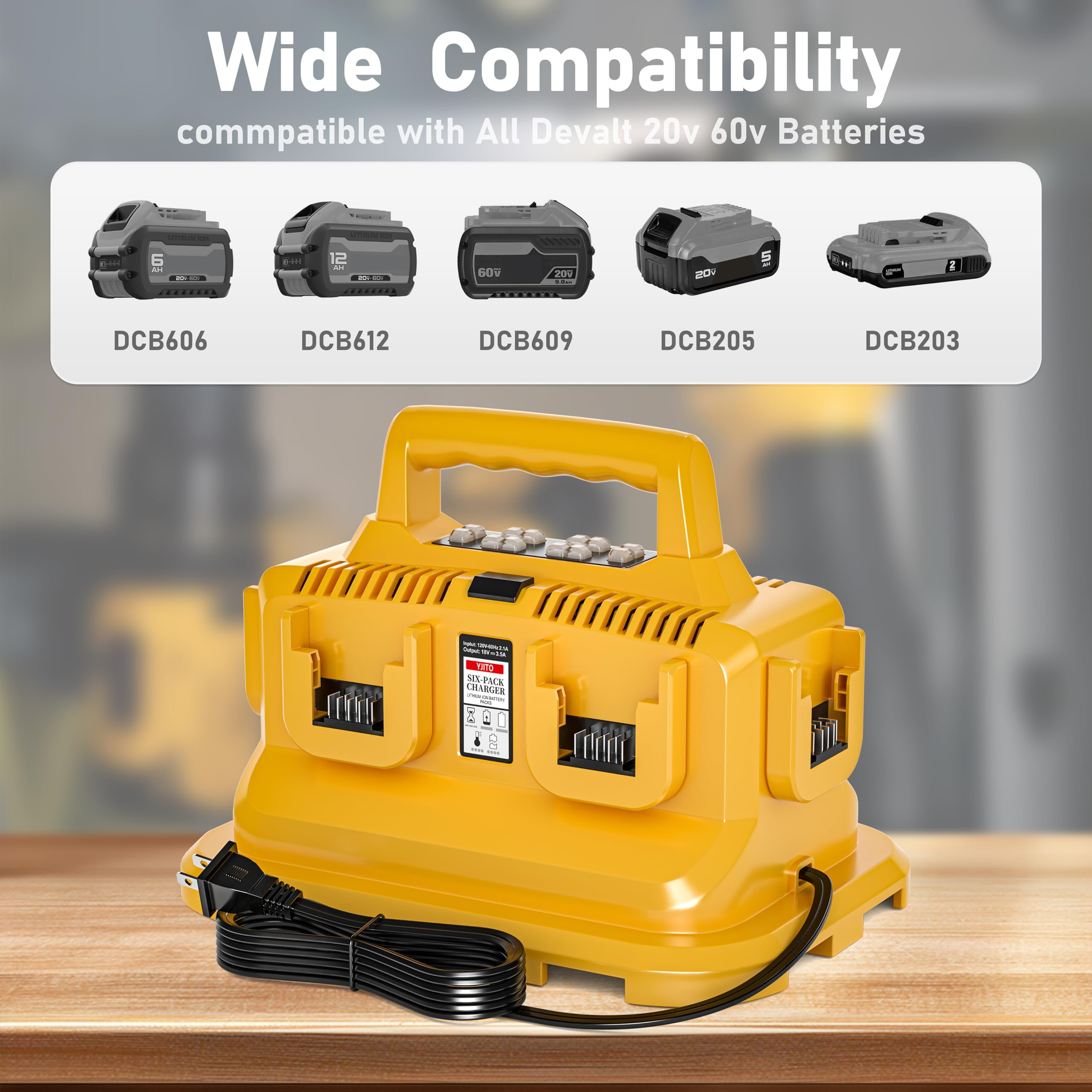 YJITO compatibility with Dewalt batteries and DCB series.