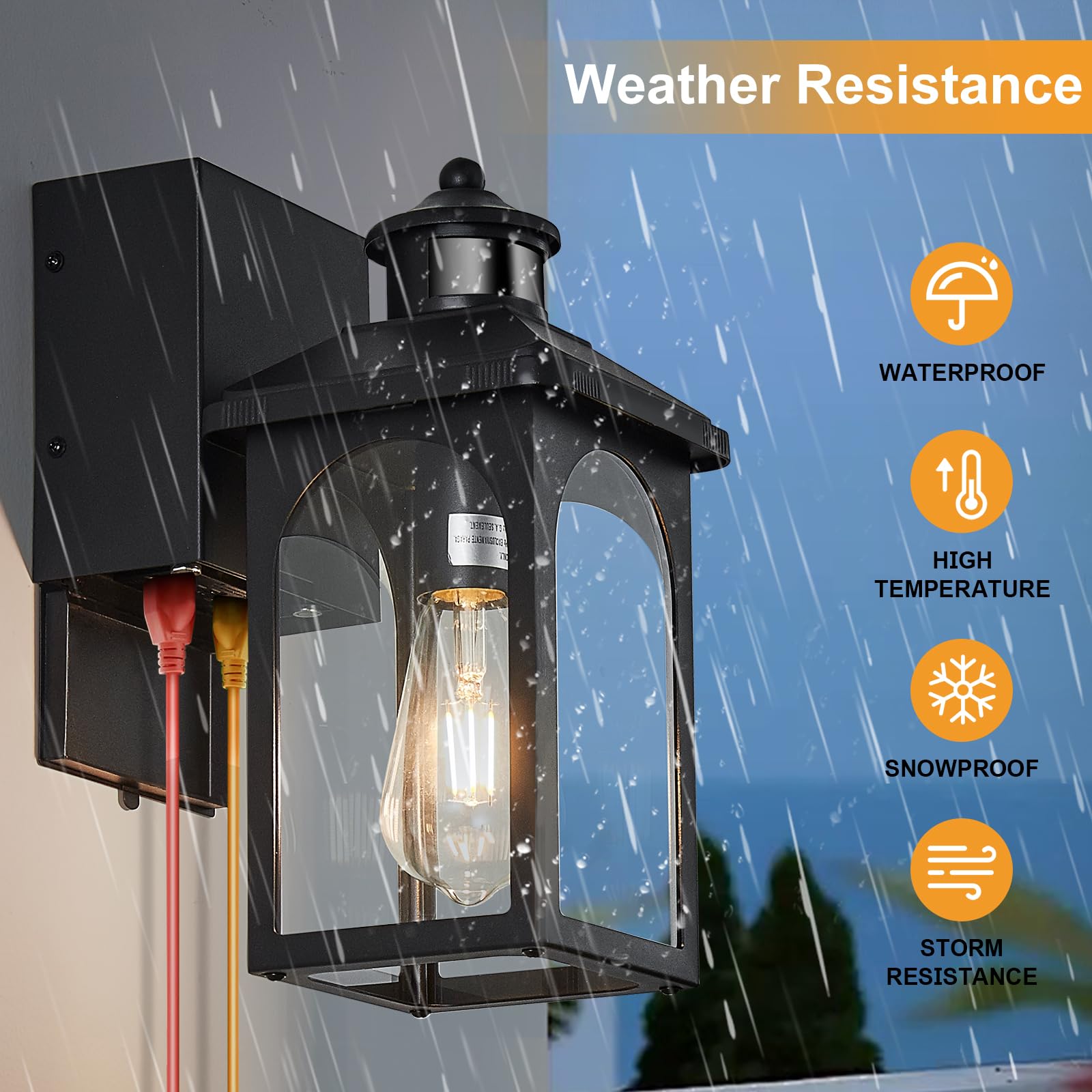 Dual outlets provide safe outdoor power for lights and tools.