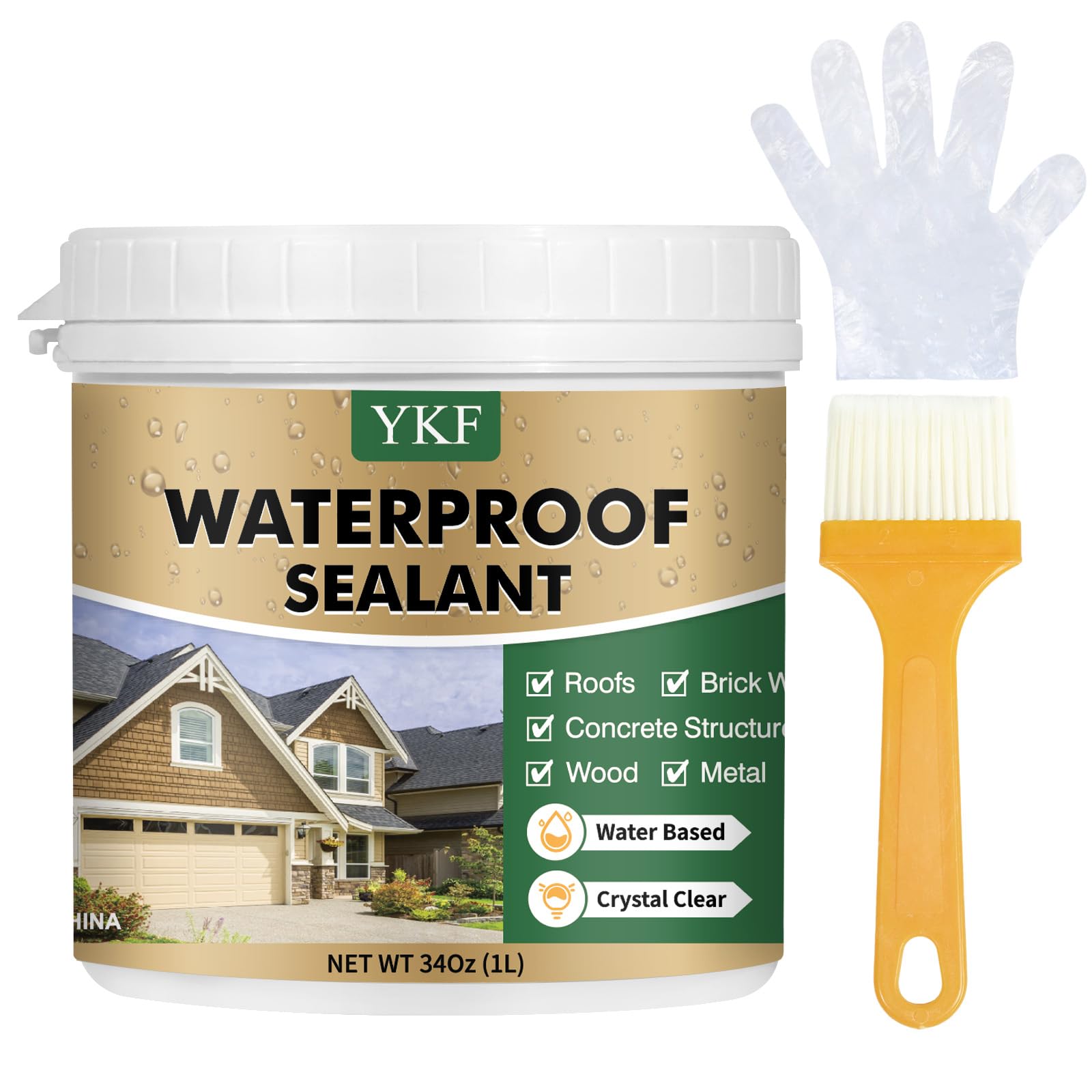 YKF 34oz clear sealant bottle shows discreet waterproofing for roofs and walls