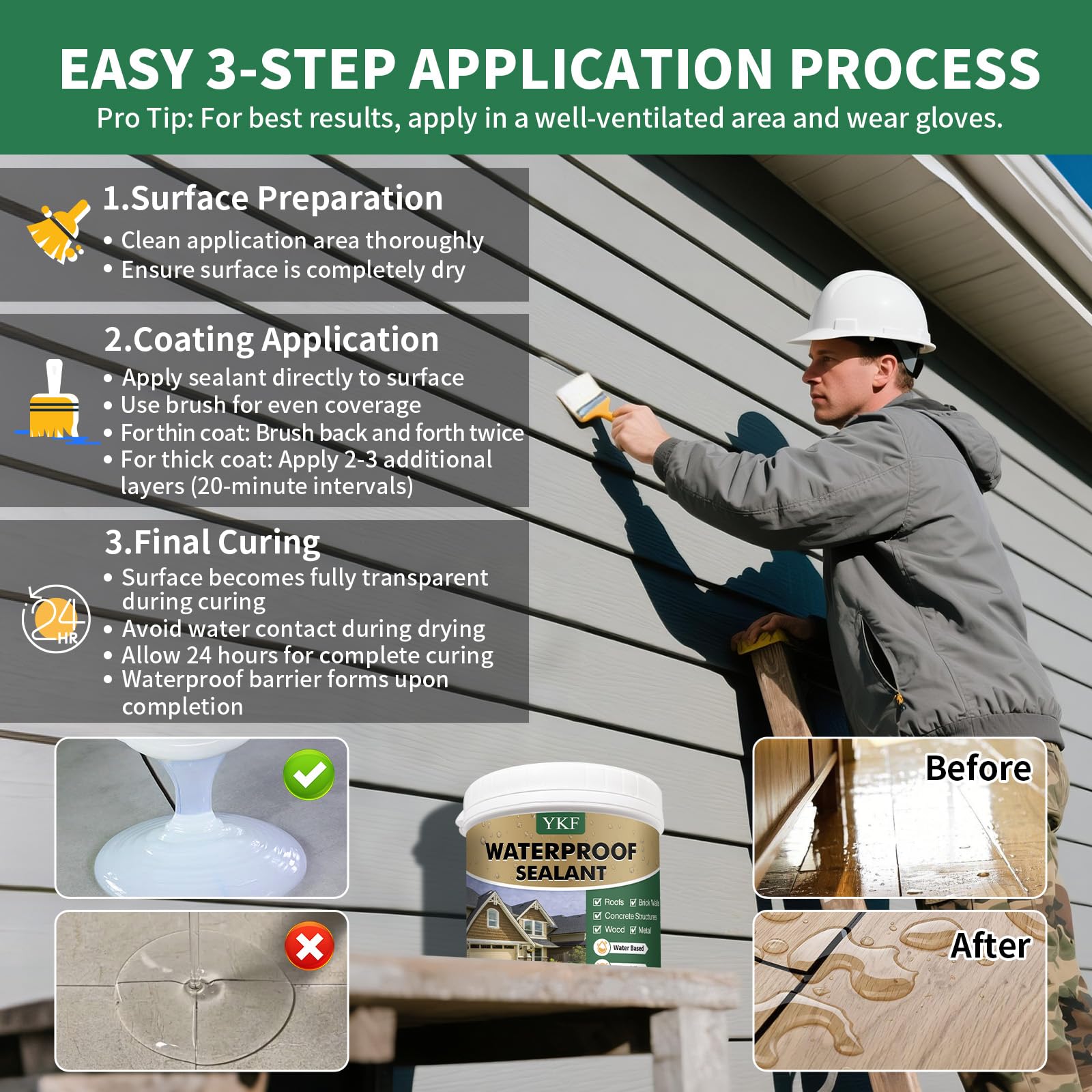 YKF roof sealant application on exterior surface shows invisible finish