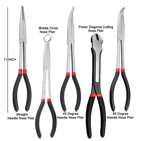 YKFLEXT needle nose pliers 45 degree bent tip enables angled access.
