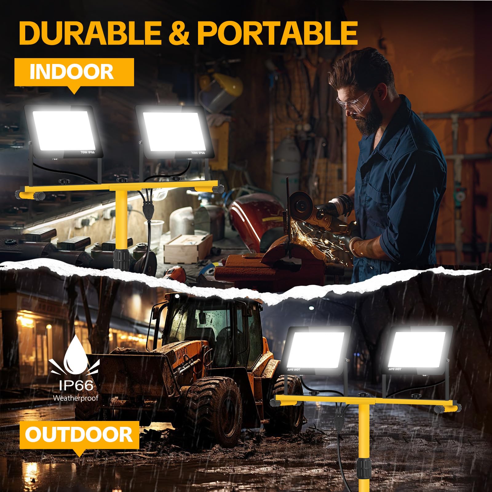 YKXJM two-head LED work light with 6500K color temp for crisp daylight-like illumination.