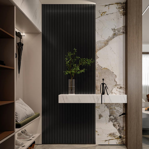 YLL YLL wood-grain slat panel 3D texture reduces echo for calmer spaces