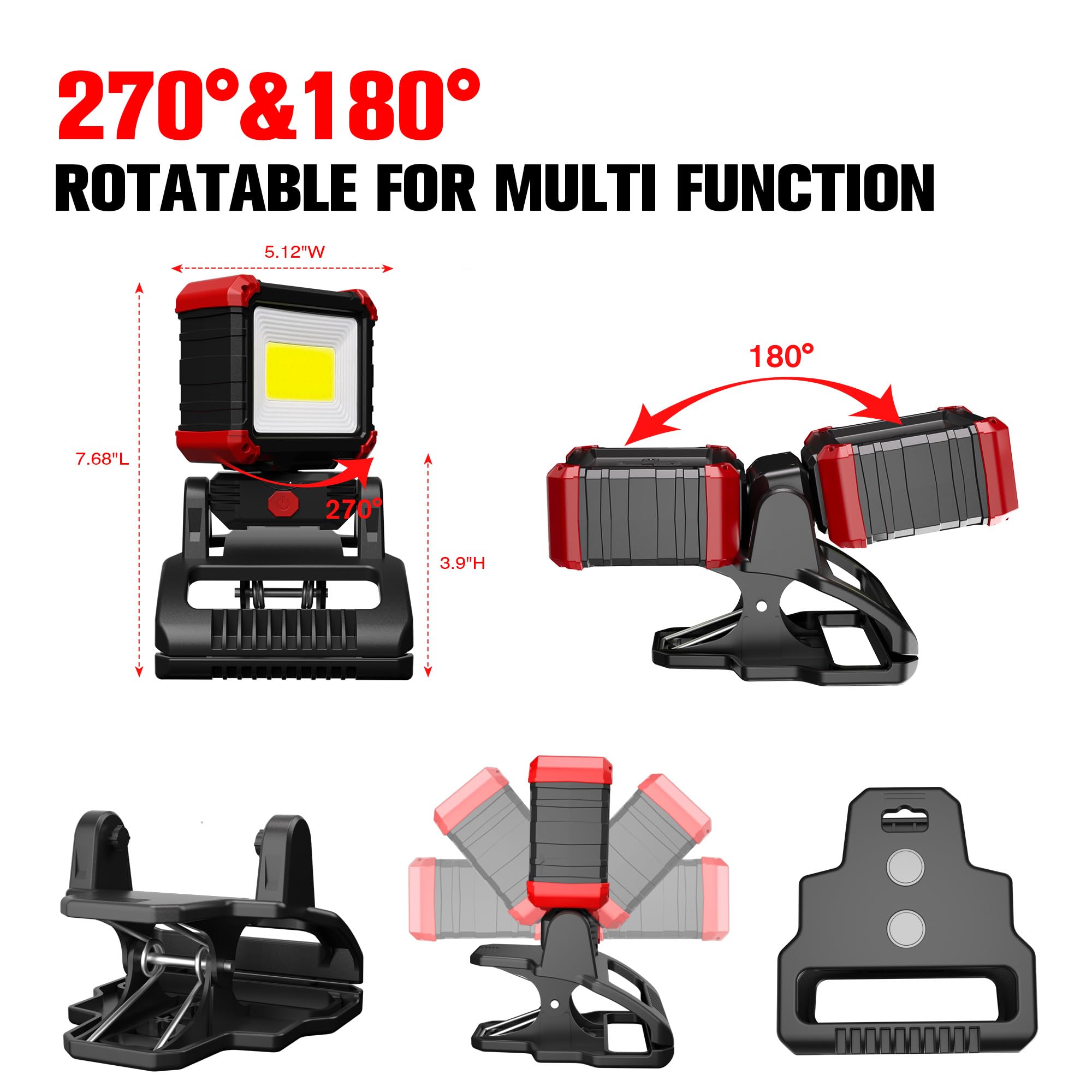 Yls LED work light with 270° swivel head enables precise lighting in tight spaces.