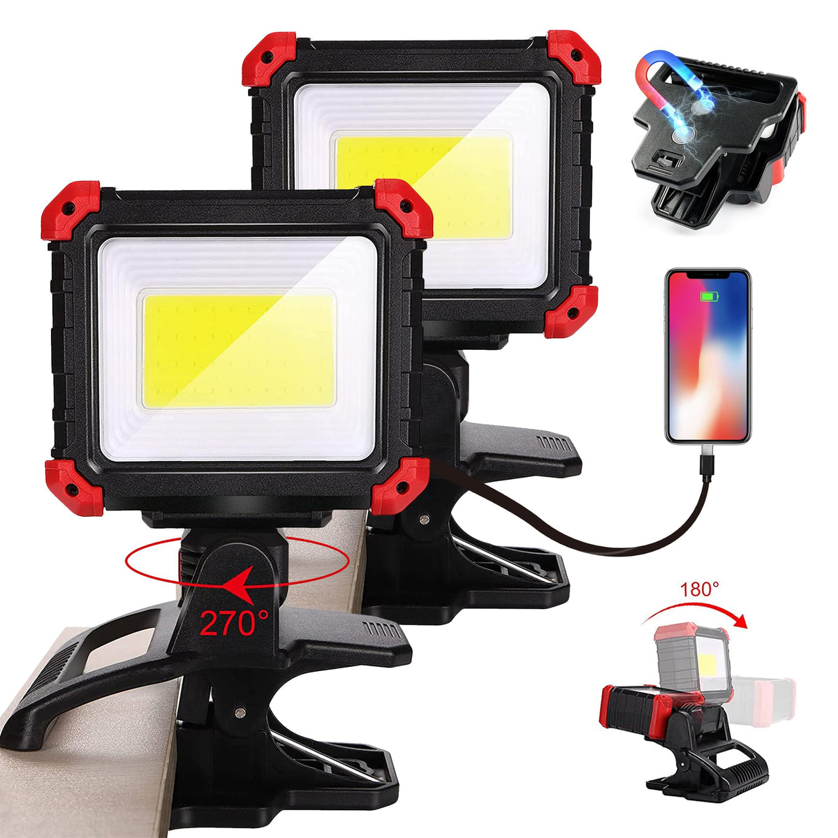 Yls LED work light with clamp delivers hands-free illumination for car repairs.