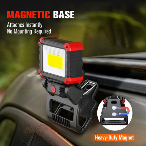 Yls LED work light with magnetic base attaches securely to metal surfaces.