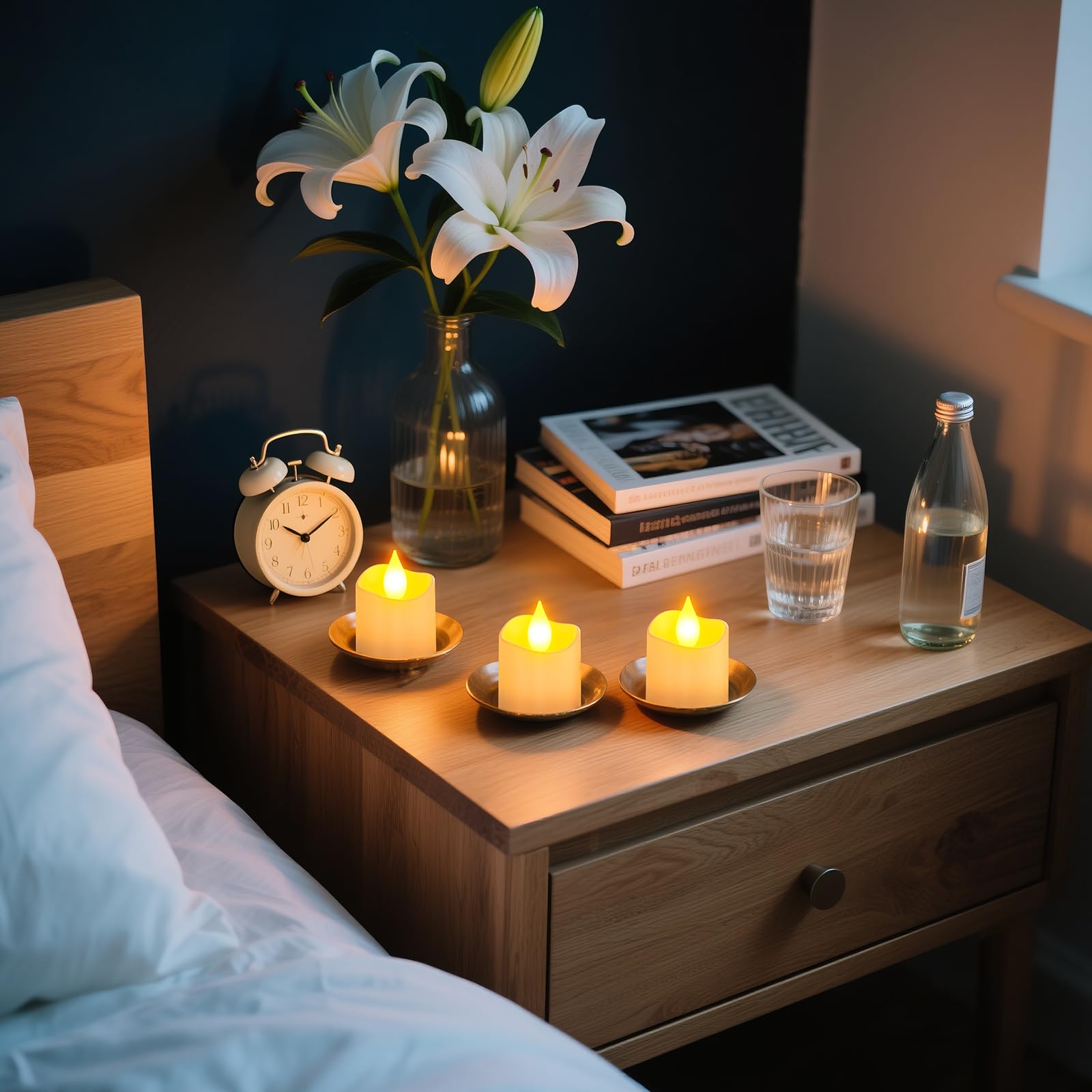 Yme 12-pack LED tealights ready for daily use with timer options.