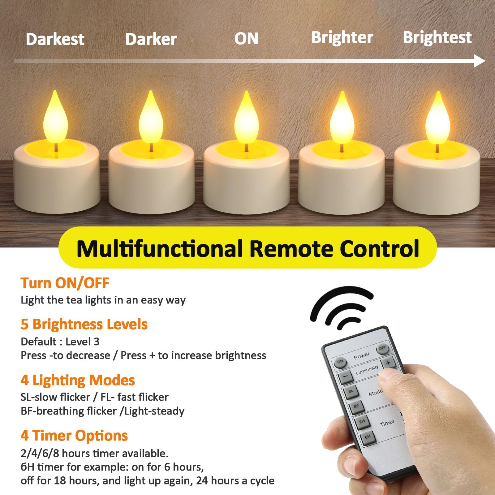 Yme LED tea light with realistic flicker and 3D wick.