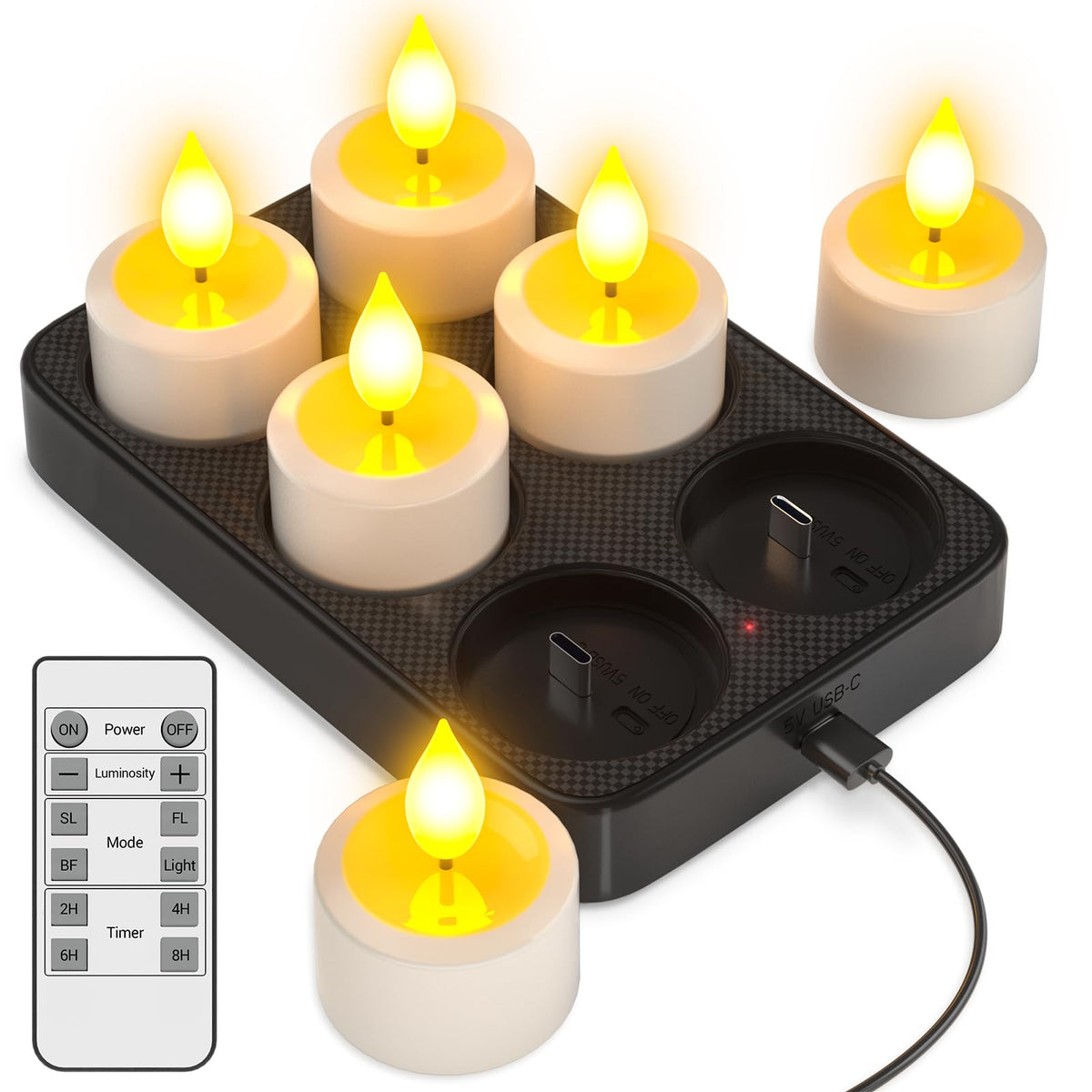 Yme rechargeable tea light on charging base for easy daily setup.