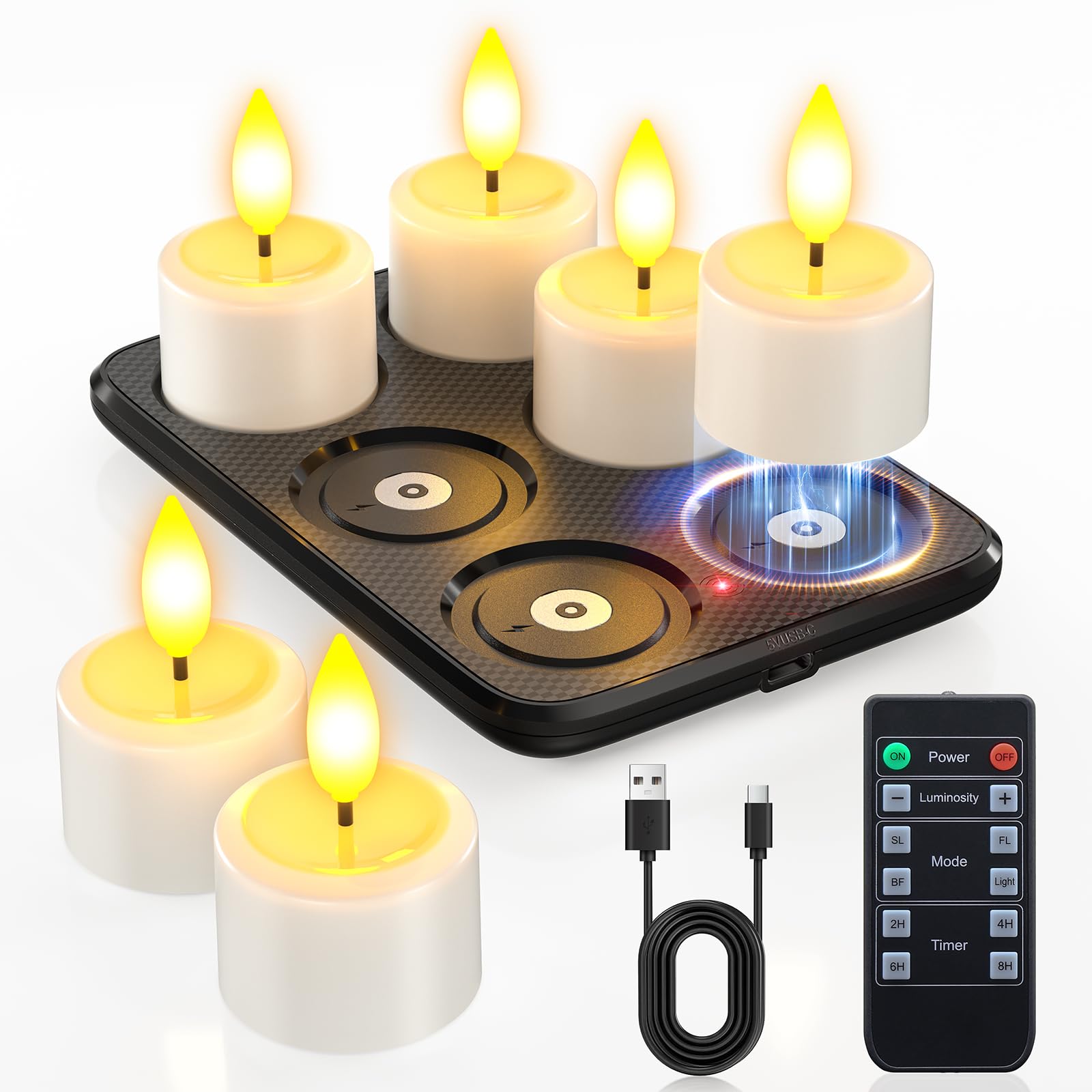Yme tea-light base setup showing easy magnetic charging for ambiance