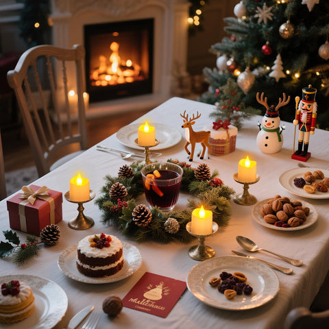 Yme tea lights in a fireplace setting cast gentle, cozy radiance.