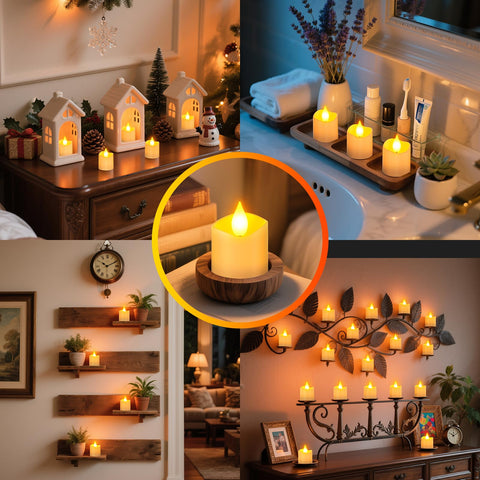 Yme tea lights on a dining table emit a long-lasting, soft glow.