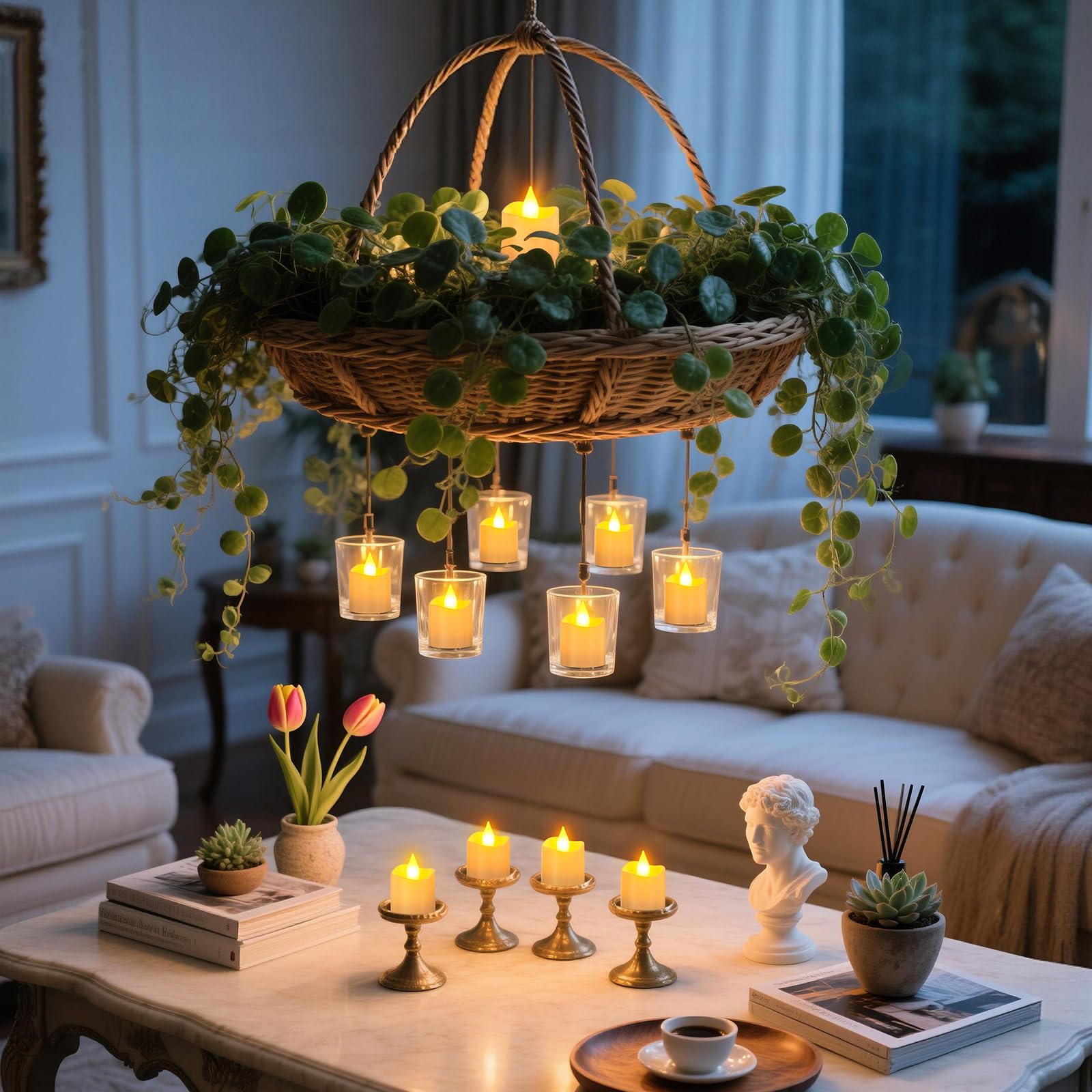 Yme tea lights beside pumpkins for festive autumn decorations.