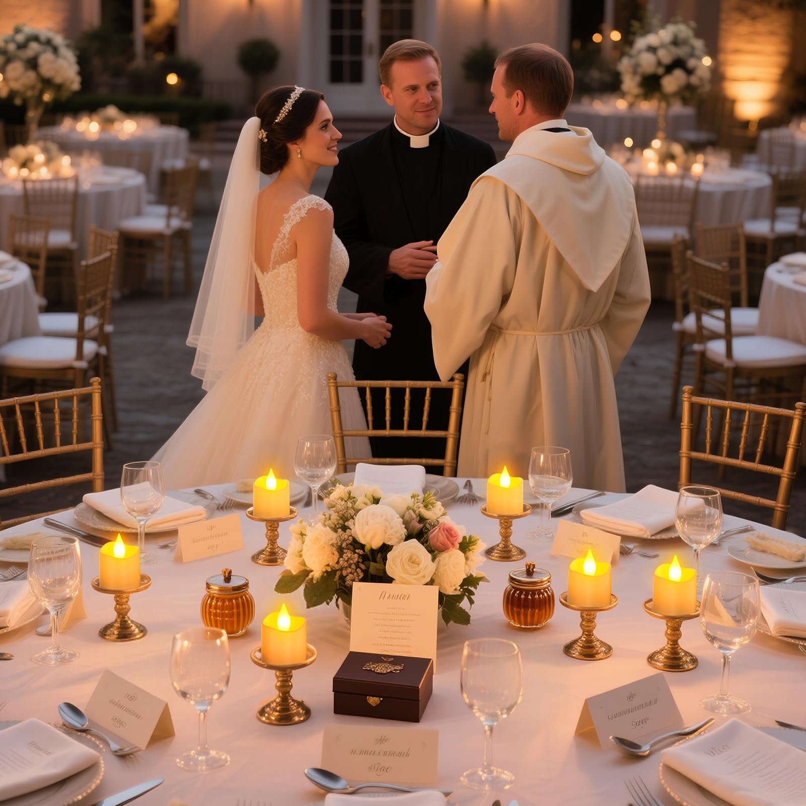 Yme wedding decor features tea lights adding a subtle glow to tables.