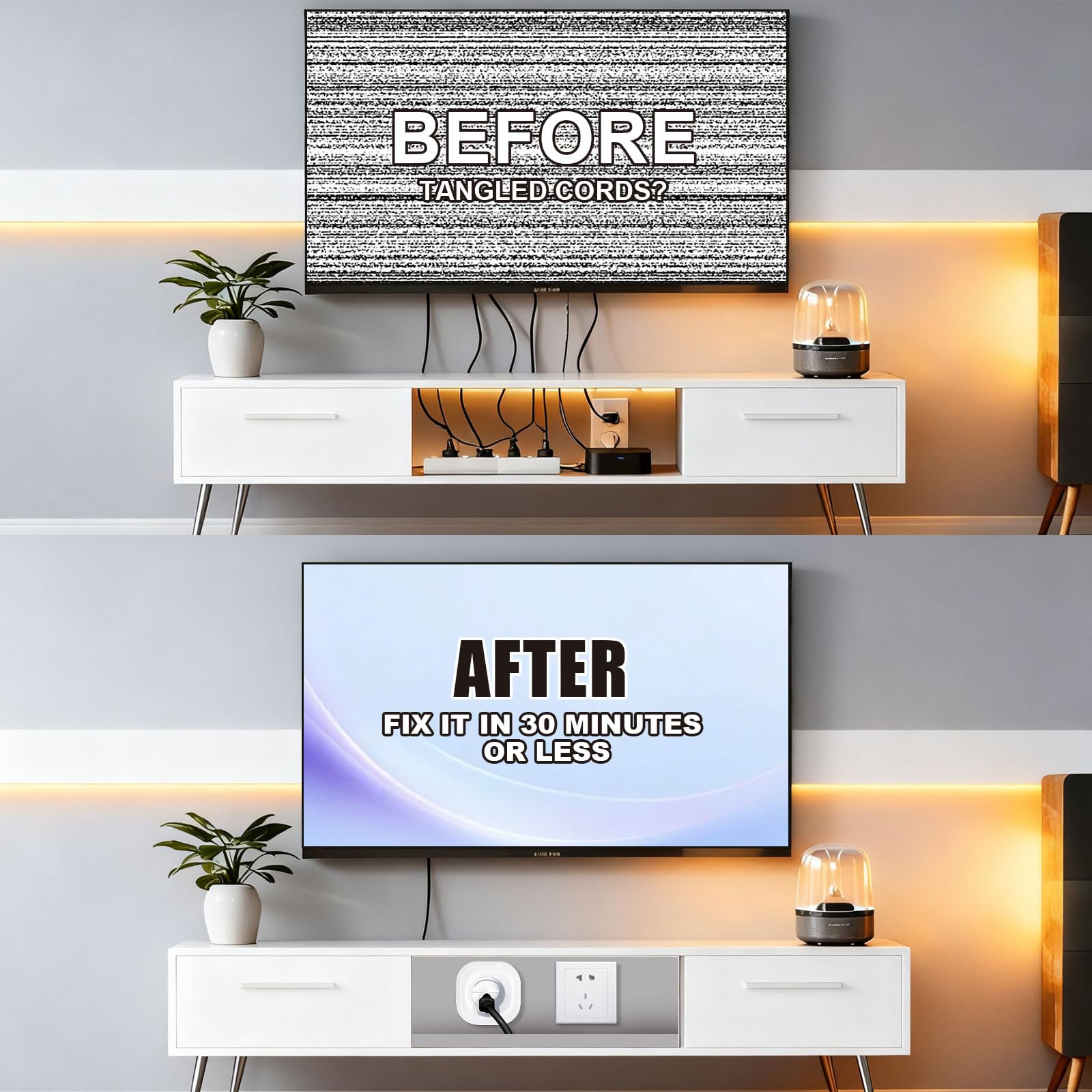 YMGN wall-mounted TV cable concealment keeps cords hidden behind the screen.
