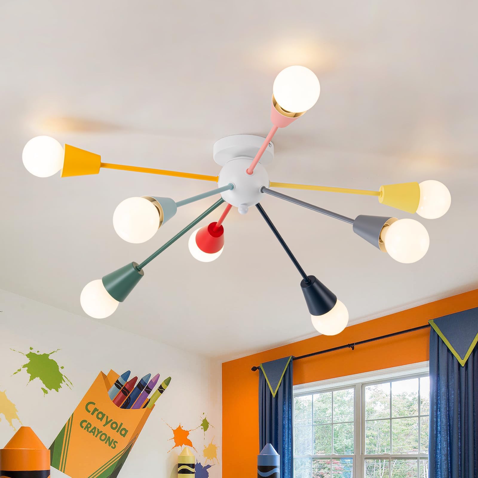 Ymlii Colorful Chandelier eight-arm sputnik brightens living spaces with a playful rainbow hue